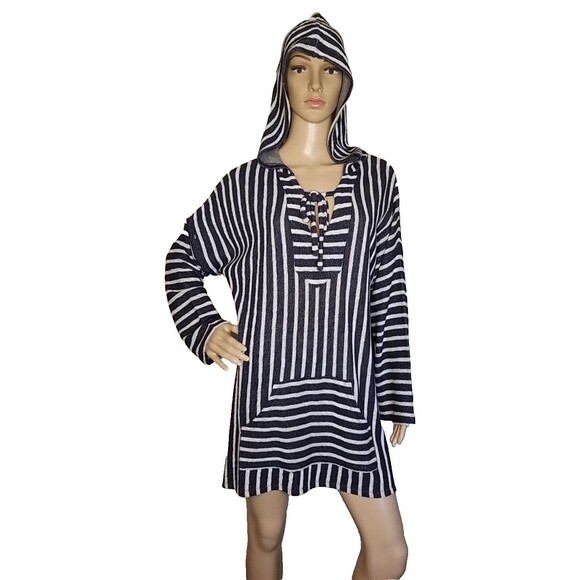 Soft Surroundings Size Large Offshore Hooded Tunic Cover Navy Blue White T45 - Picture 1 of 11